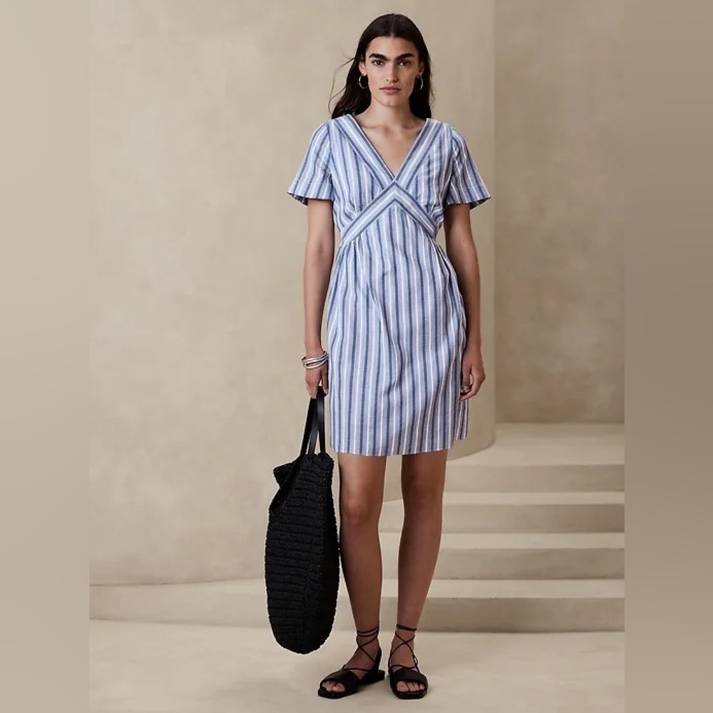 New Banana Republic FLUTTER-SLEEVE MINIDRESS Size XL Blue Striped Coastal